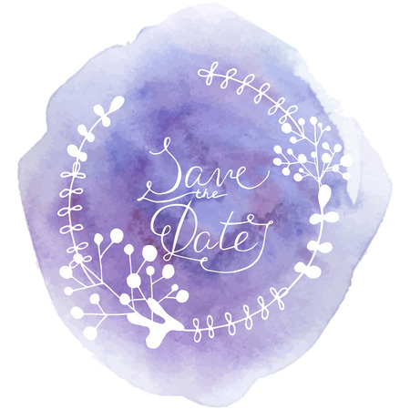 Wedding invitation with floral wreath, watercolor splash and lettering. Save the date template. Vector bridal delicate color card. Pink, purple, white colors.のイラスト素材