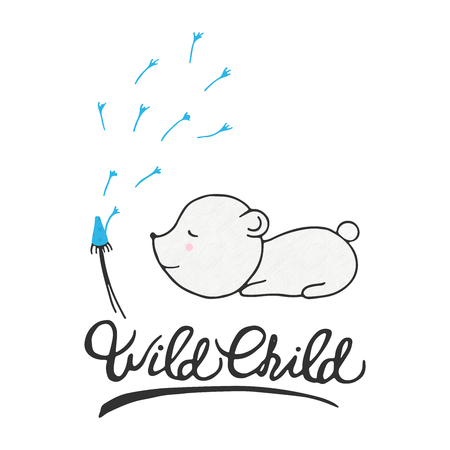 Wild child lettering with bear. Kids card design. Nursery cute poster with animal. Hand drawn vector illustration with lettering.のイラスト素材