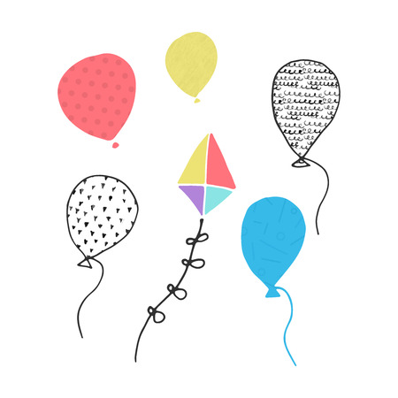 Kids card design. Balloons. Nursery cute poster with animal. Hand drawn vector illustration with lettering.のイラスト素材