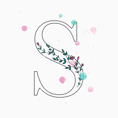 S letter. Hand drawn floral alphabet with watercolor drops. Vector wedding symbol.のイラスト素材