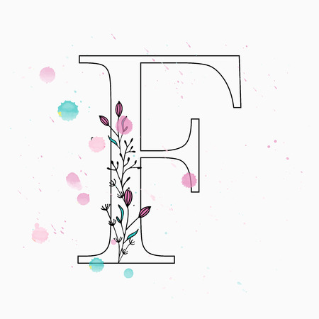 Letter F. Hand drawn floral alphabet with watercolor drops. Vector wedding symbol.のイラスト素材