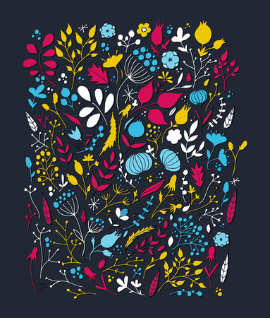 Folk floral elements. Beautiful color print with flowers. Vector pattern on dark background.のイラスト素材