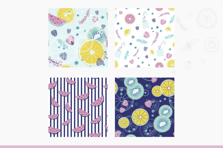 Fresh seamless pattern collection with fruits and berries. Hand drawn sweet print.