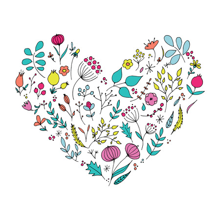 Hand drawn floral elements in heart shape. Romantic surface design. Vector pattern with flowers.のイラスト素材