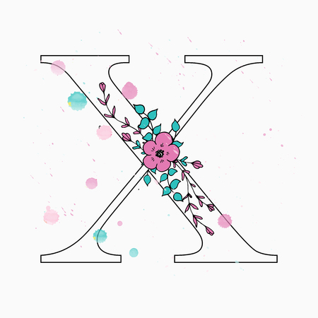 X letter. Hand drawn floral alphabet with watercolor drops. Vector wedding symbol.のイラスト素材