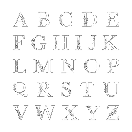 Mono line floral alphabet vector illustration setのイラスト素材