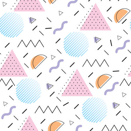 Seamless pattern with circles, zigzag and triangle shapes, Memphis style.のイラスト素材