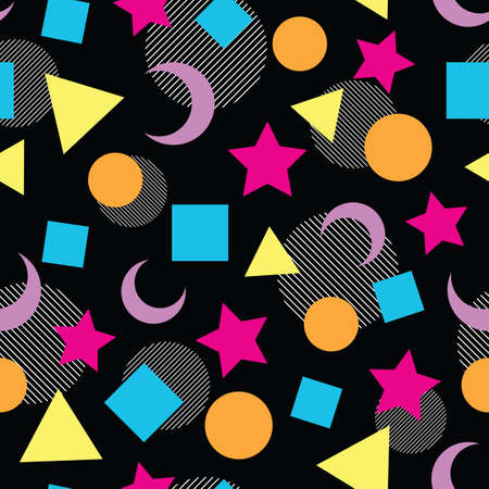 Cute seamless pattern with colorful geometric shapes illustration on blackのイラスト素材