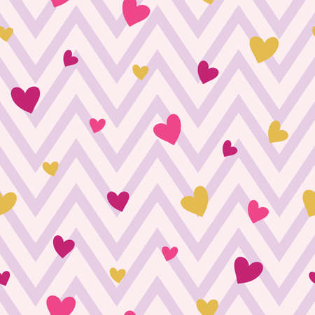 Seamless pattern with pink and gold hearts on pink chevron background illustrationのイラスト素材
