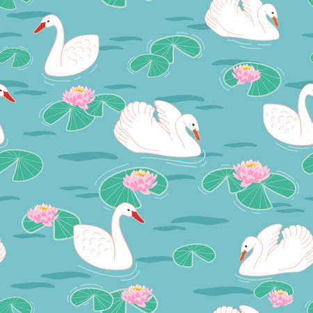 Seamless pattern with white swans, water lily and leaves on blue background designのイラスト素材