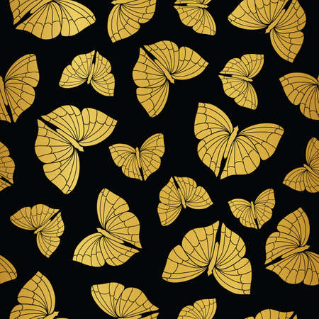 Gold butterfly seamless pattern on black background illustrationのイラスト素材