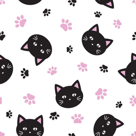 seamless pattern black cat faces and footprints on white backgroundのイラスト素材