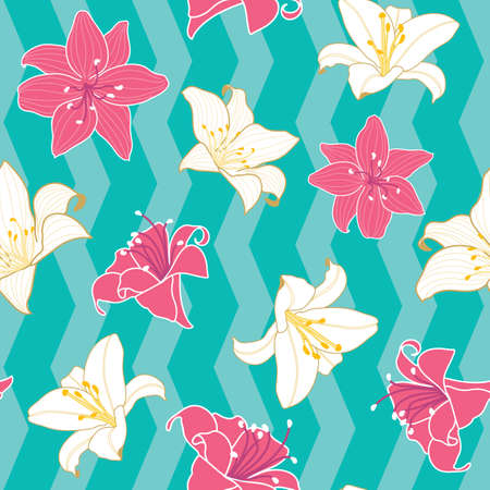 Pink and white lily flowers seamless pattern on green chevron background illustrationのイラスト素材