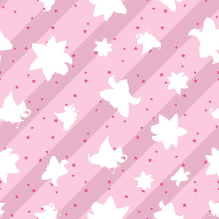 Seamless pattern lily flowers silhouettes on pink striped background and starsのイラスト素材