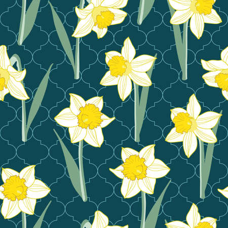 Seamless pattern of daffodil flowers on green Quatrefoil background illustrationのイラスト素材