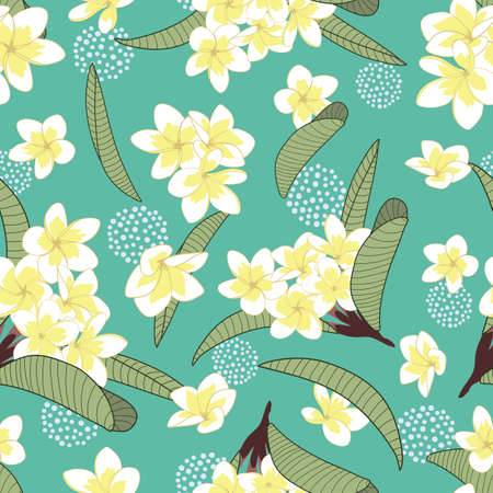 Seamless plumeria flowers and leaves on green background illustrationのイラスト素材