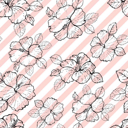 Vector Seamless pattern hibiscus flowers outline on diagonal stripes.のイラスト素材