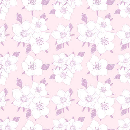 White and pastel purple anemone seamless pattern on light pink background illustrationのイラスト素材