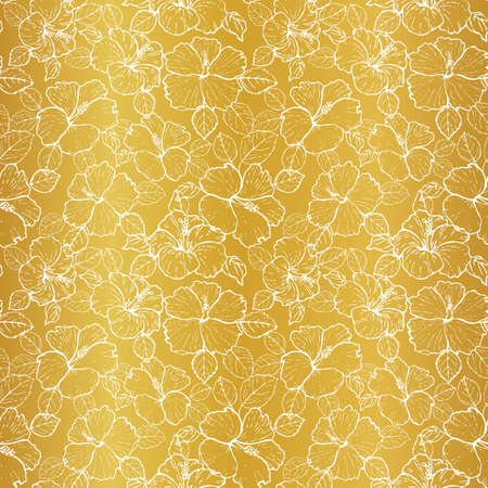 Seamless pattern of hibiscus outline on golden background illustrationのイラスト素材