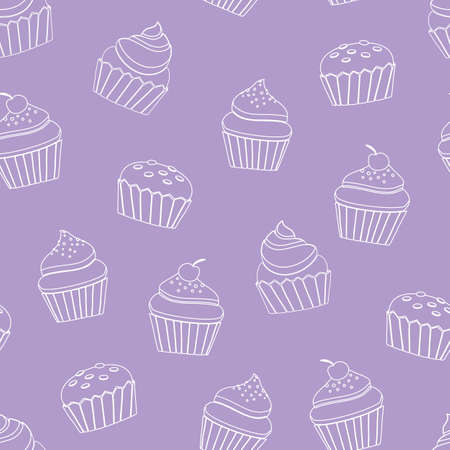 Cupcake outline seamless pattern on purple background vector illustration.のイラスト素材