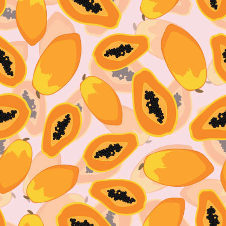 Papaya fruit seamless vector pattern on pastel pink background illustrationのイラスト素材