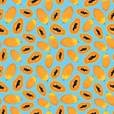 Seamless papaya fruit pattern on blue background illustrationのイラスト素材