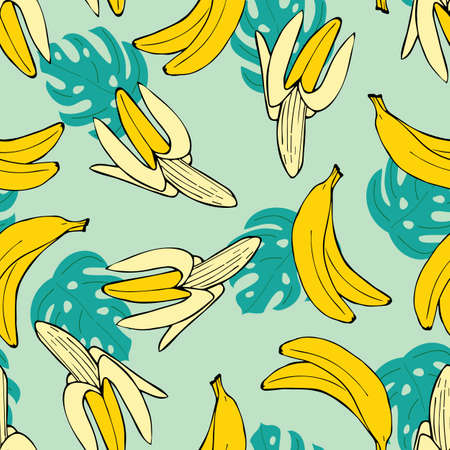 Seamless pattern with bananas and tropical leaves illustrationのイラスト素材