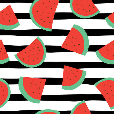 Watermelon seamless vector pattern on black stripesのイラスト素材
