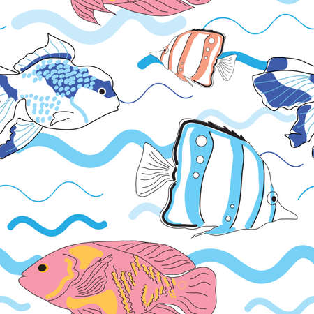 Seamless pattern with colorful fish and waves illustrationのイラスト素材
