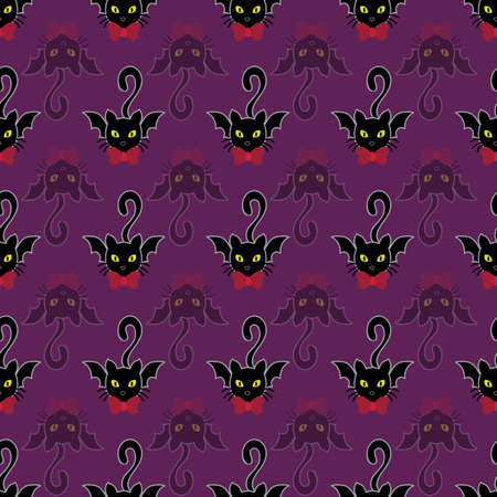 Halloween cat bat - winged black cats seamless design on purple backgroundのイラスト素材