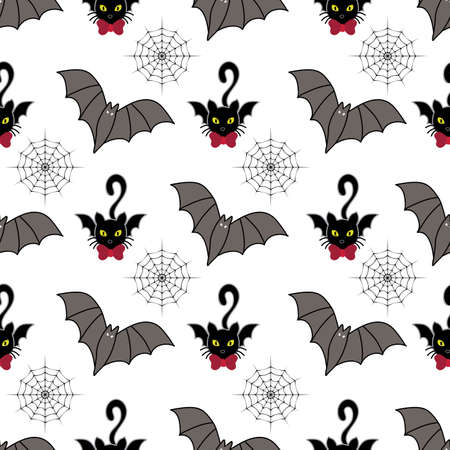 Cute Halloween seamless pattern with winged black cats and bats designのイラスト素材