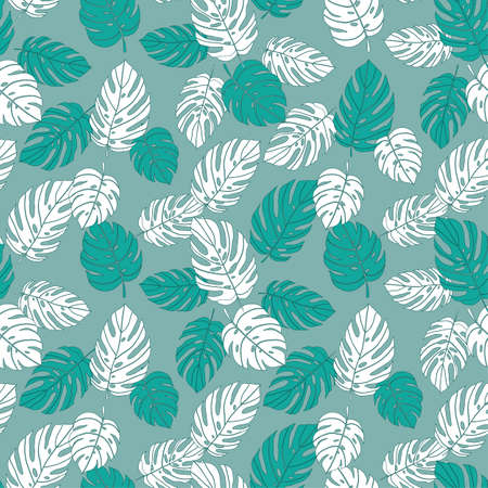 Seamless white and blue tropical leaves