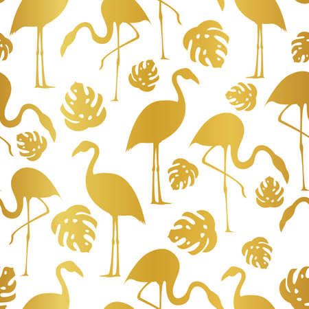 Seamless pattern of golden flamingo and tropical leaves illustrationのイラスト素材