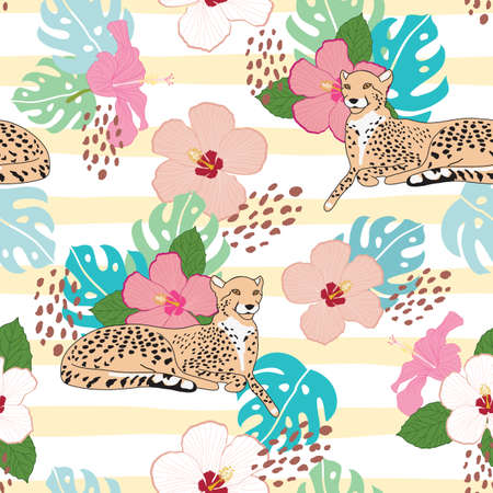 Seamless pattern with cheetah, hibiscus and tropical leaves illustrationのイラスト素材