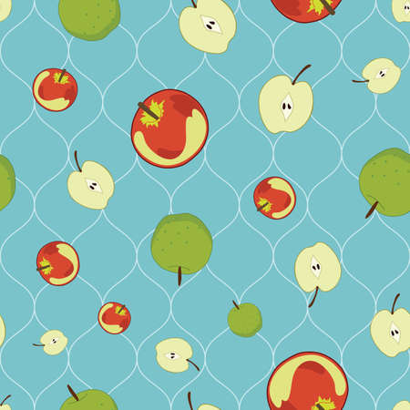 Seamless vector pattern with apple fruit on blue wavy background illustration