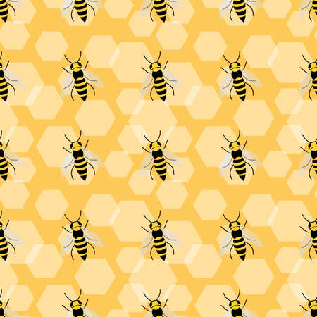 Bees honeycomb seamless pattern on yellow background designのイラスト素材