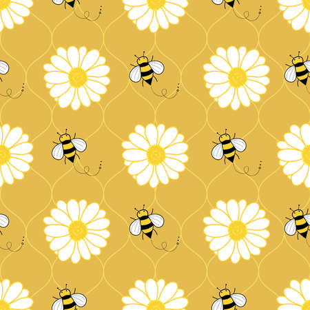 Cute seamless pattern with bee and flowers on wavy texture orange background designのイラスト素材