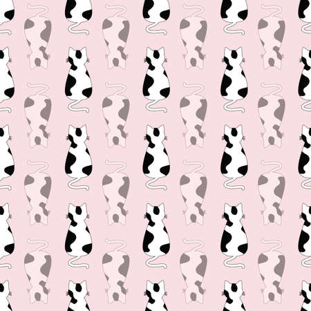 Black and white cats seamless pattern on pastel pink background illustrationのイラスト素材