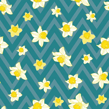 Seamless pattern with daffodils on green chevron zigzag backgroundのイラスト素材