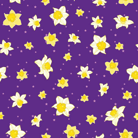 Seamless pattern with daffodil flowers on purple background and stars illustrationのイラスト素材
