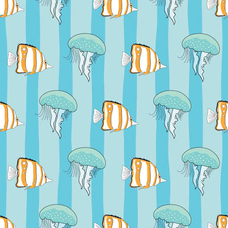 Jellyfish and fish seamless pattern on blue stripes backgroundのイラスト素材