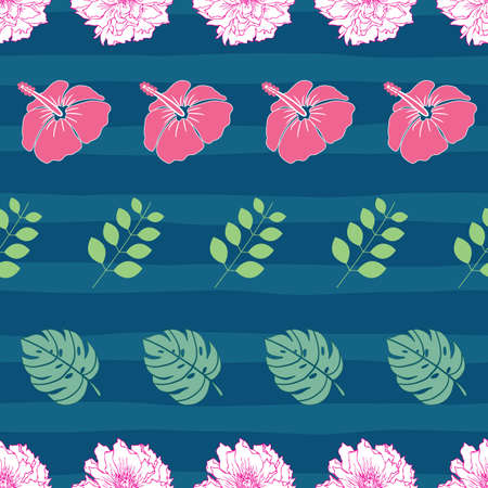 Seamless pattern with leaves and flowers on striped background