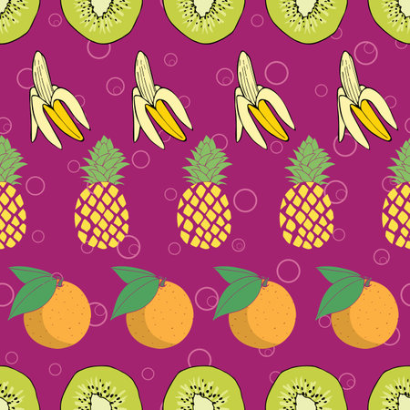 Seamless pattern of fruits on pink background with bubbles illustration
