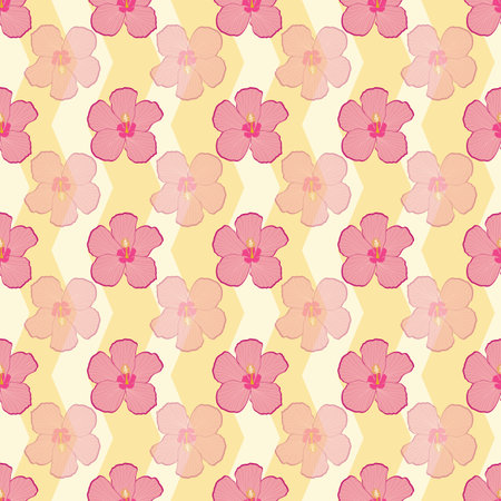 Seamless pattern with pink hibiscus on yellow chevron background illustrationのイラスト素材