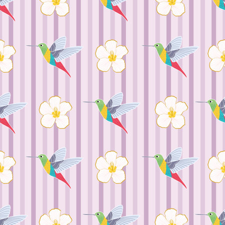 Seamless pattern hibiscus flowers and HummingBirds on pink stripesのイラスト素材