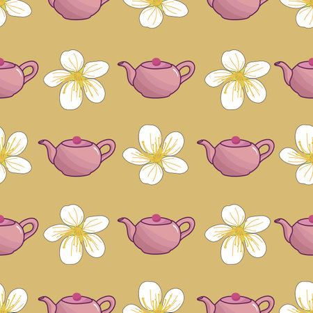 Tea pot and flowers seamless vector pattern illustrationのイラスト素材