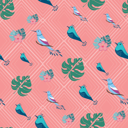 Seamless abstract pattern with tropical birds and hibiscus illustrationのイラスト素材