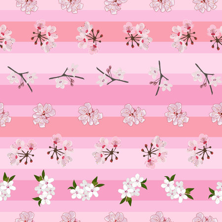 Cute pink repeat pattern with sakura flowers on stripes designのイラスト素材