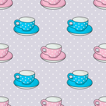 Cute pink and blue tea cups vector repeat pattern designのイラスト素材