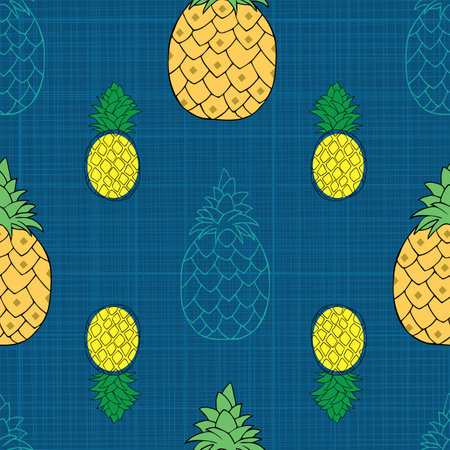 Seamless pineapples pattern on blue striped background illustrationのイラスト素材